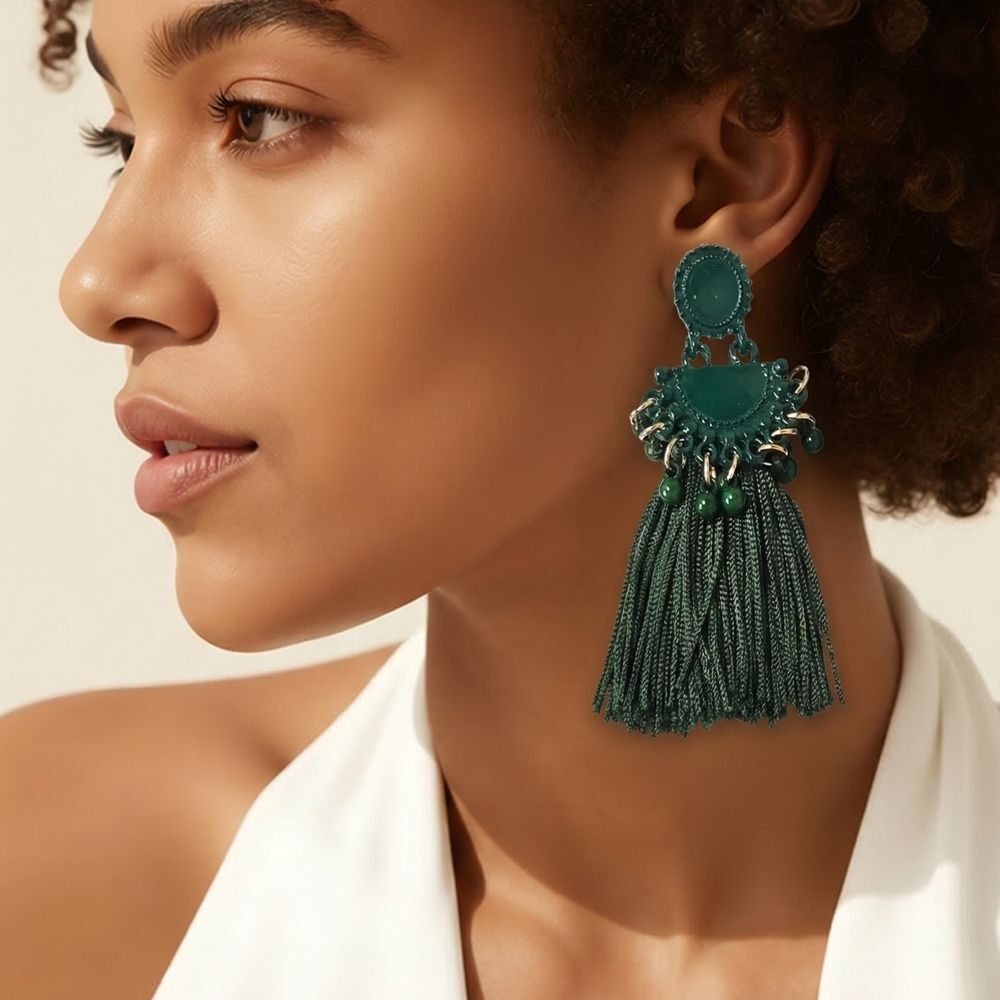 Green Tassel Chandelier Earrings Boho Fan Fringe Statement Vintage Dramatic Chic